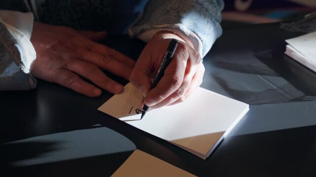Writing Arabic calligraphy on a blank card with a
black pen, wearing an ornate patterned jacket. highlighting traditional Middle Eastern art, cultural heritage, and calligraphic practice.