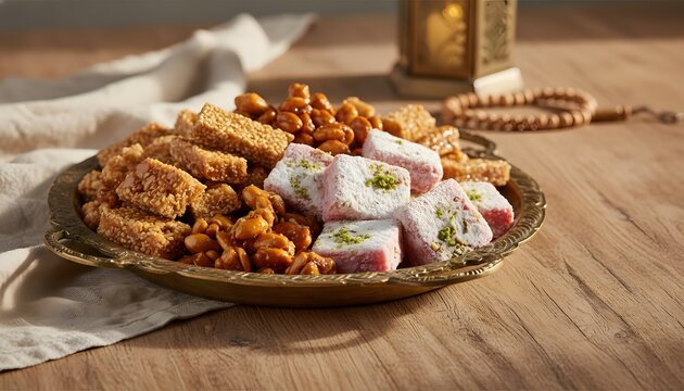 Traditional Mawlid sweets on tray for Mawlid al-Nabi celebration concept with Turkish delight, sesame bars, and honey nuts on wooden table with lantern and beads