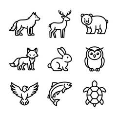 Fototapeta premium Wildlife Conservation and Animal Species Icon Set, Minimalist Outline Vector Symbols for Biodiversity, Nature Protection, Zoology, and Wild Fauna Ecology Concepts