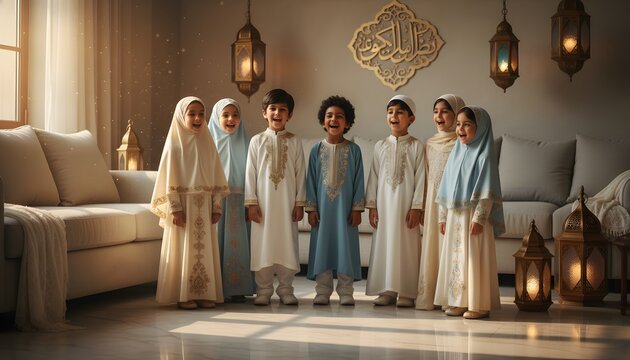 Group of Muslim children singing nasheeds together in a festive living room for Mawlid al-Nabi celebration concept, featuring traditional Islamic clothing and lanterns