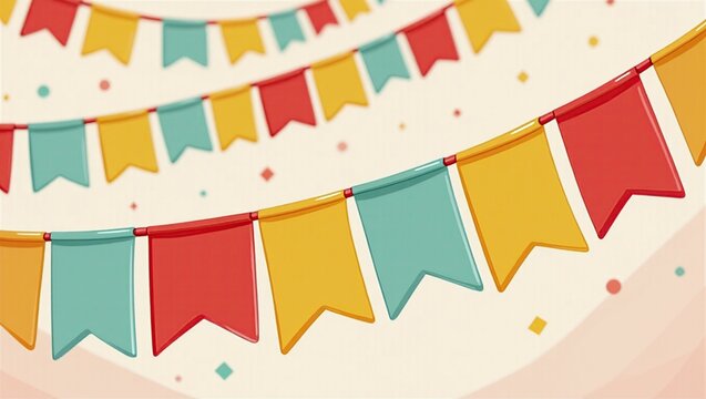 Colorful festival bunting flags hanging across a bright celebratory backdrop