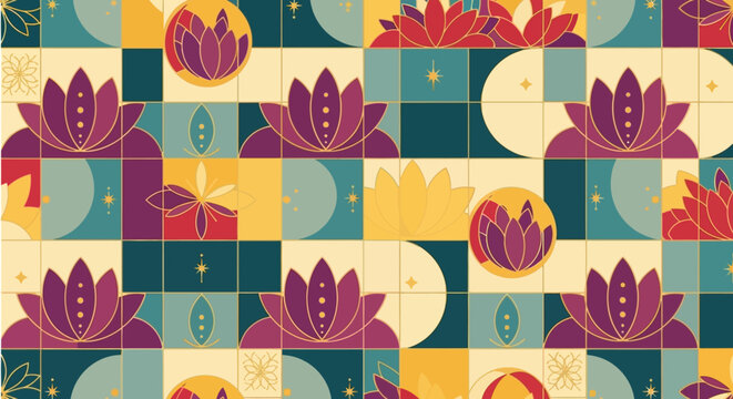 Vibrant Lotus Flower Geometric Pattern - Psychedelic Boho Art