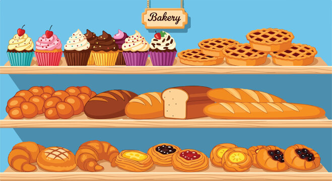 A colorful bakery display with cupcakes, pies, bread, and pastries