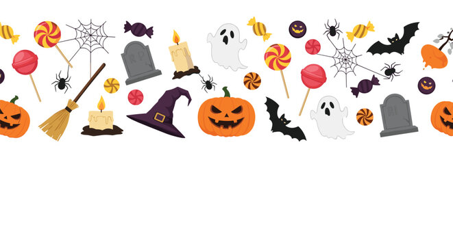 Seamless Halloween border pattern features spooky pumpkins, ghosts, bats, witch hats, and candies on a white background for festive decor.