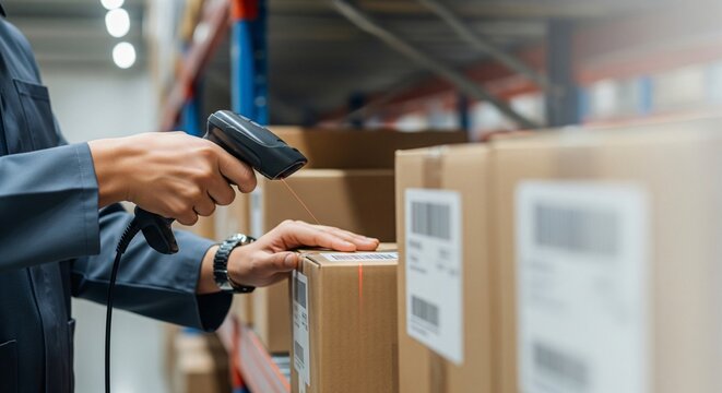 Warehouse worker scanning packages on shelves using a handheld barcode scanner