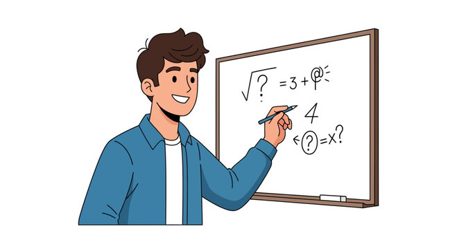 Illustration of a smiling young male student with brown hair wearing a blue shirt, writing mathematical equations and square root symbols on a whiteboard on a white background.
