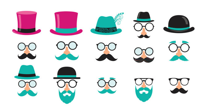 Fun collection of photo booth props includes various styles of hats, glasses, mustaches, and beards in black, pink, and teal.