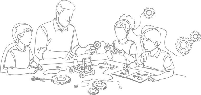 Minimalist continuous line drawing of a mentor teaching children robotics and mechanics with gears in an educational workshop environment