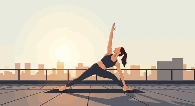 Vector illustration of a young woman practicing the Triangle yoga pose (Trikonasana) on an urban rooftop at sunset, featuring a minimalist city skyline and warm golden light.