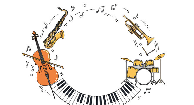 Artistic circular frame is composed of hand drawn musical instruments including a piano, cello, saxophone, trumpet, and drums.