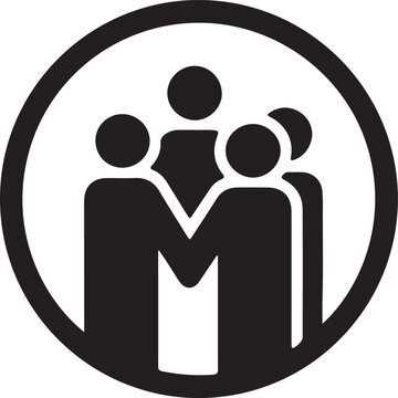 A black and white pictogram featuring four stylized figures inside a circle, symbolizing community, unity, and a sense of belonging.