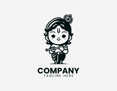 Baby Krishna playing flute line art minimalist black vector illustration logo