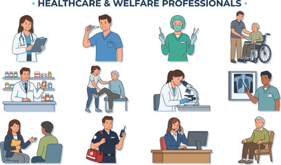 Fototapeta premium A diverse group of healthcare and welfare professionals providing medical care and support to patients in various settings.