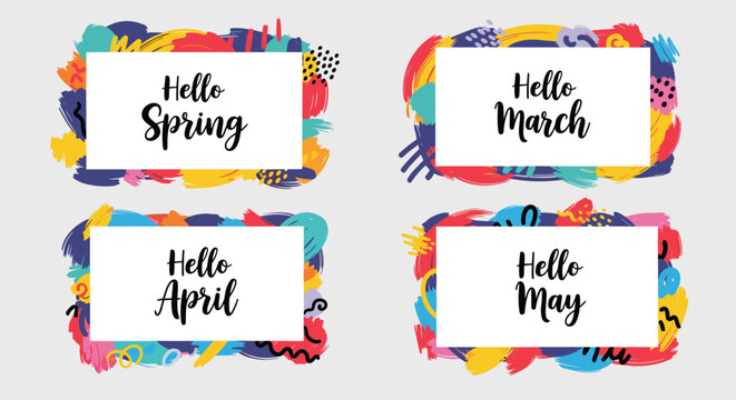 Set of colorful spring monthly greeting cards for march, april, and may with abstract painted borders for calendar or planner designs.