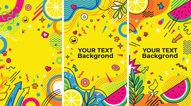 A vibrant and colorful illustration of a playful background with various shapes and fruits