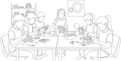 Fototapeta premium Children Building Robots in a STEM Classroom Workshop Vector Illustration for Educational Coloring Book and Creative Learning Activities
