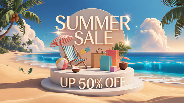 Summer sale beach promotion display with shopping bags, ocean view and up to fifty percent off in 3d style