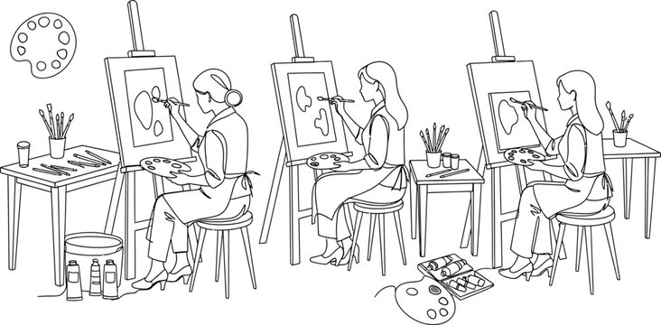 Minimalist line art illustration of three women artists painting on canvases at easels in a creative studio workshop