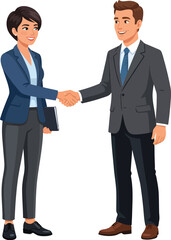 Fototapeta premium A cartoon illustration of a smiling businesswoman and businessman shaking hands in a professional setting.