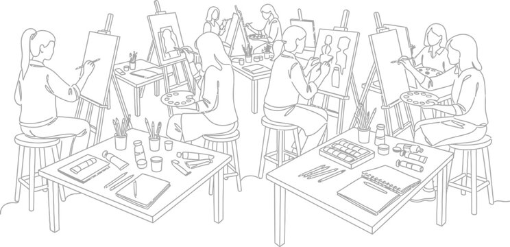 Minimalist continuous line art illustration of diverse women painting on easels during a creative art class studio workshop