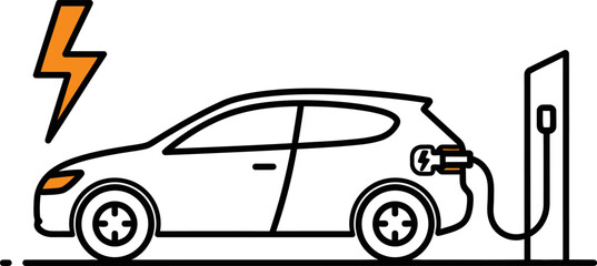 Naklejka premium Minimalist vector illustration of a white electric car charging at a station with an orange lightning bolt icon