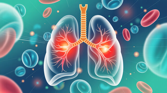 An illustration of human lungs surrounded by blood cells and oxygen