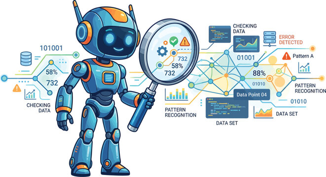 A cartoon robot holds a magnifying glass in front of a complex data set and pattern recognition graphic