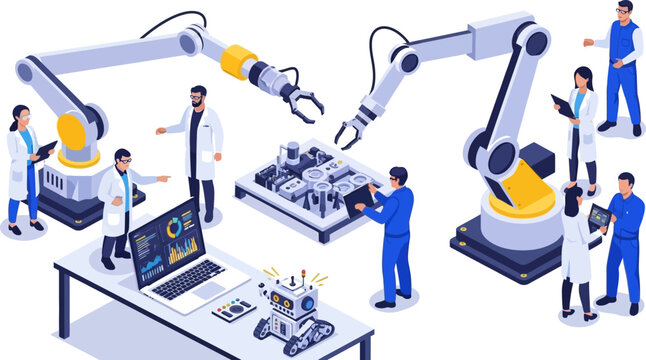 Isometric vector illustration of engineers and scientists working with industrial robotic arms in a modern automated factory laboratory