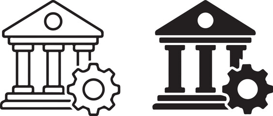 Naklejka premium Banking System Icon with Gear – Financial Operations and Automation Symbol - Bank Building with Gear Icon – Fintech and Institutional Process Vector