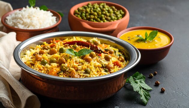 Assortment of Indian cuisine including rice, peas, dal, and spiced rice pilaf, all served in earthenware bowls on a dark surface