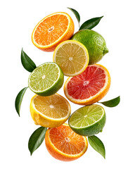 Obraz premium Floating sliced citrus fruits with orange, lemon, lime and grapefruit on transparent background