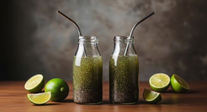 Two glass bottles filled with green chia seed drink and lime, featuring metal straws on a wooden table with a dark textured background