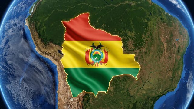 Bolivia Flag Map Animation on Earth Globe Satellite View from Space