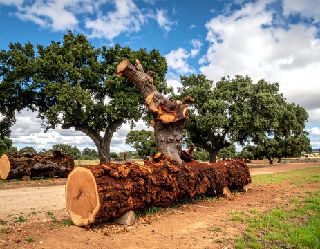 Large felled tree trunk, branches, and other trees under a blue sky