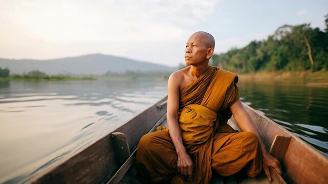 Serene Buddhist monk journeys by boat through tranquil waters at sunrise. A solitary monk in saffron robes glides across a calm lake in a wooden boat