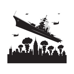 Obraz premium A black silhouette of a warship looms over a city under attack