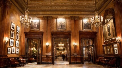 Fototapeta premium Grand Double-Leafed Mahogany Ballroom Entrance Door with Ornate Paneling and Artwork