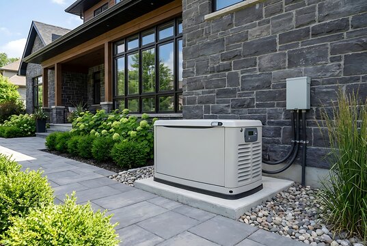 Modern standby generator unit installed next to luxurious modern house with stone facade, backup power supply for home, residential electricity solution, emergency preparedness, reliable energy source