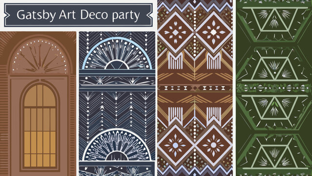 A collection of art deco patterns and architectural details evoking a 1920s aesthetic