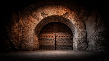 Fototapeta premium Grand Ancient Stone Archway With Heavy Ornate Carved Wooden Double Doors Entrance
