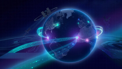 Obraz premium Global Digital Network and Data Flow Across Earth's Continents, Illuminated by Satellites and Advanced Telecommunication Systems