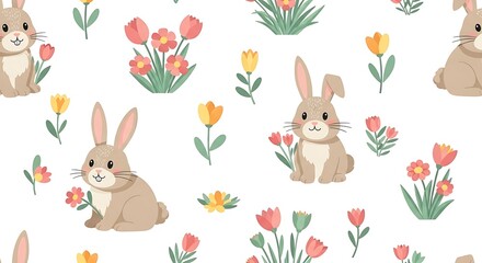 Obraz premium A cute cartoon vector illustration of a baby Easter bunny rabbit with eggs and spring flowers in the grass for a holiday celebration greeting card design