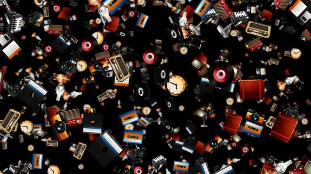 Retro Vintage Technology and Media Objects Falling Through Black Space