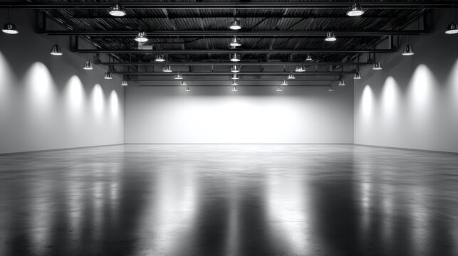 Spacious modern empty interior exhibition hall with polished floor and overhead lighting reflections