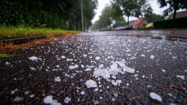 Icy hailstones of various sizes scattered across a damp asphalt road after a storm