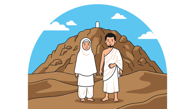 Muslim Couple Performing Hajj or Umrah Pilgrimage Vector Illustration at Arafat Mountain Desert Landscape
