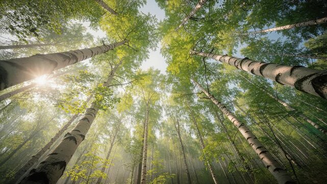 Sunlit birch forest with lush green leaves under clear blue sky in early morning nature scene