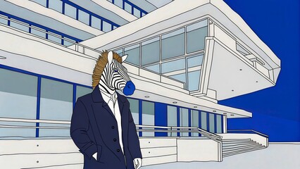 Obraz premium Zebra character in a suit stands outside a modern building with blue sky above