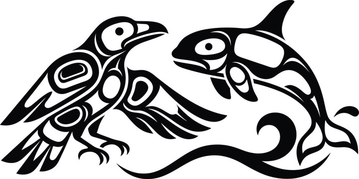 Indigenous style raven and orca totem artwork with Pacific Northwest tribal elements.