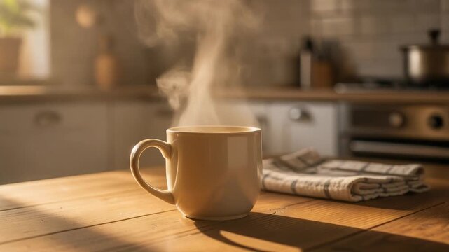 Steaming hot coffee cup on wooden table in cozy kitchen with morning sunlight and folded newspaper
